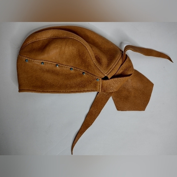 Brown Leather Biker Motorcycle Leather Bandanna Hat Skull Cap w/ Turquoise Studs - Picture 4 of 6